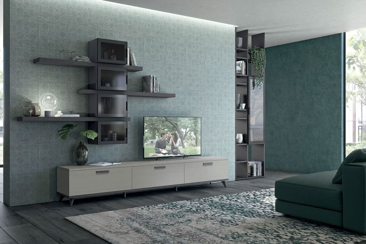 Pareti attrezzate per soggiorno TV componibili su misura classiche moderne con illuminazione a Pavia legno massello artigianale 