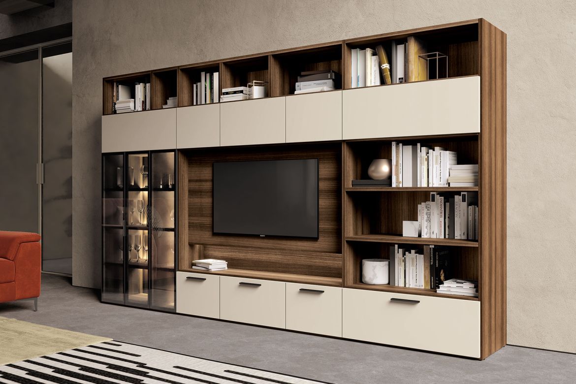 Pareti attrezzate per soggiorno TV componibili su misura classiche moderne con illuminazione a Pavia legno massello artigianale 