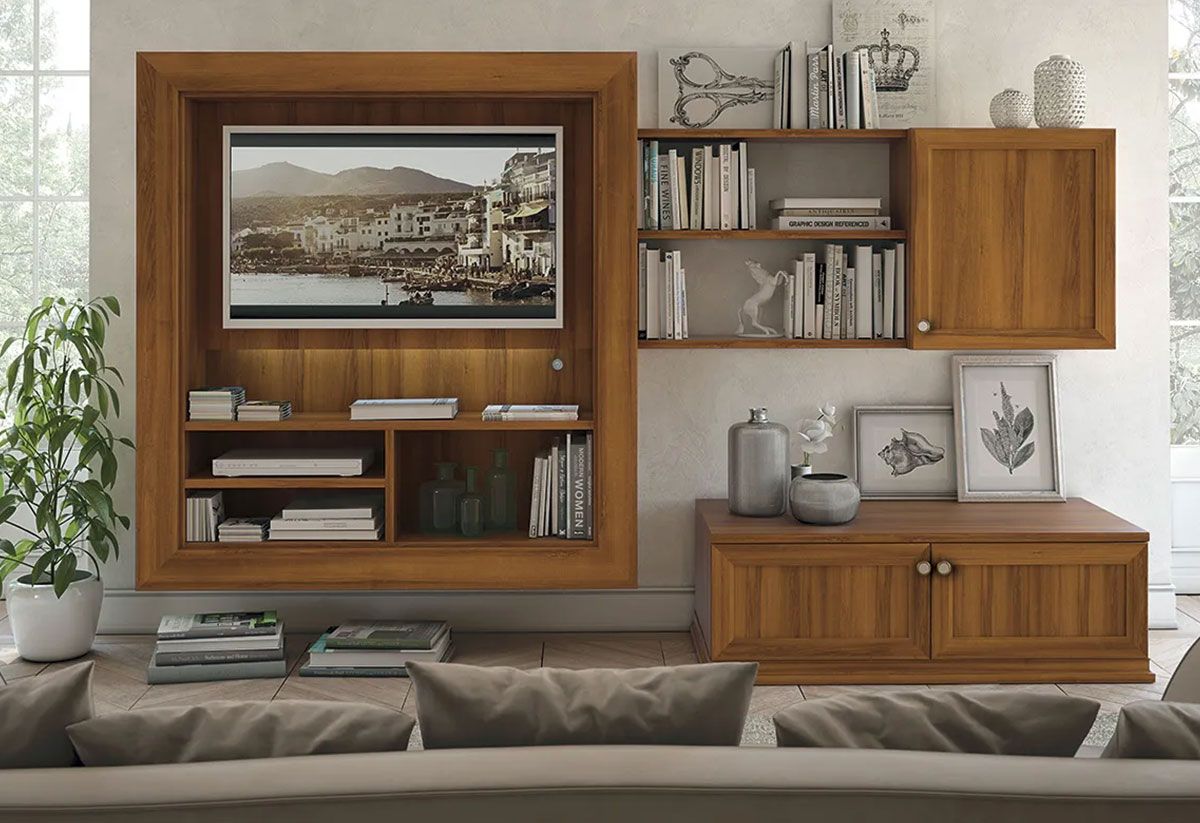 Bosnasco: Pareti TV attrezzate per il soggiorno, realizzabili su misura in vari stili classici e moderni, dotate di illuminazione, con l’uso di legno massello artigianale a Pavia.