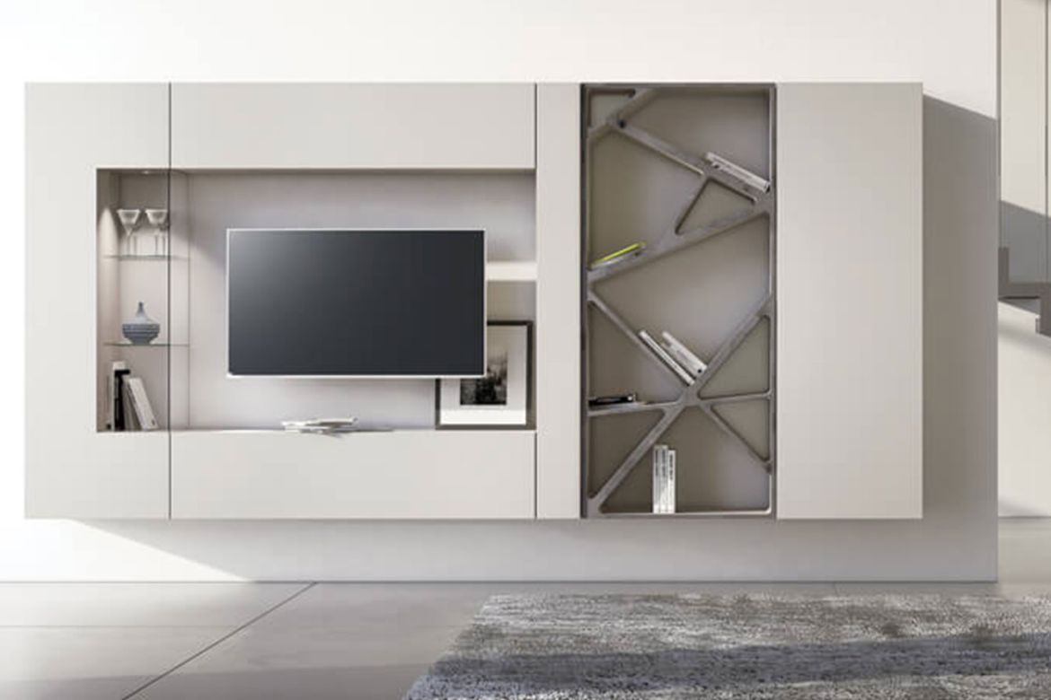 Pareti attrezzate per soggiorni, TV componibili su misura, che uniscono stili classici e moderni, arricchite con illuminazione, realizzate in legno massello artigianale disponibile a Bosnasco.